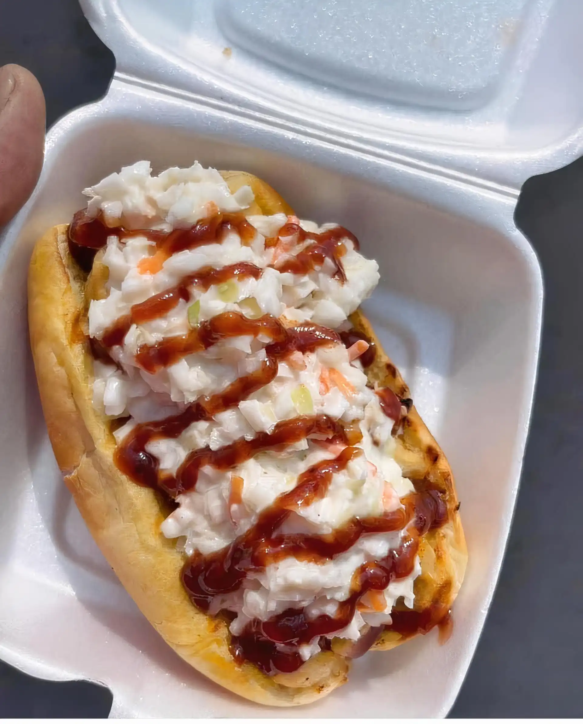 Smoked 1/4 lb. Wien with House made Sweet Slaw and House made BBQ sauce